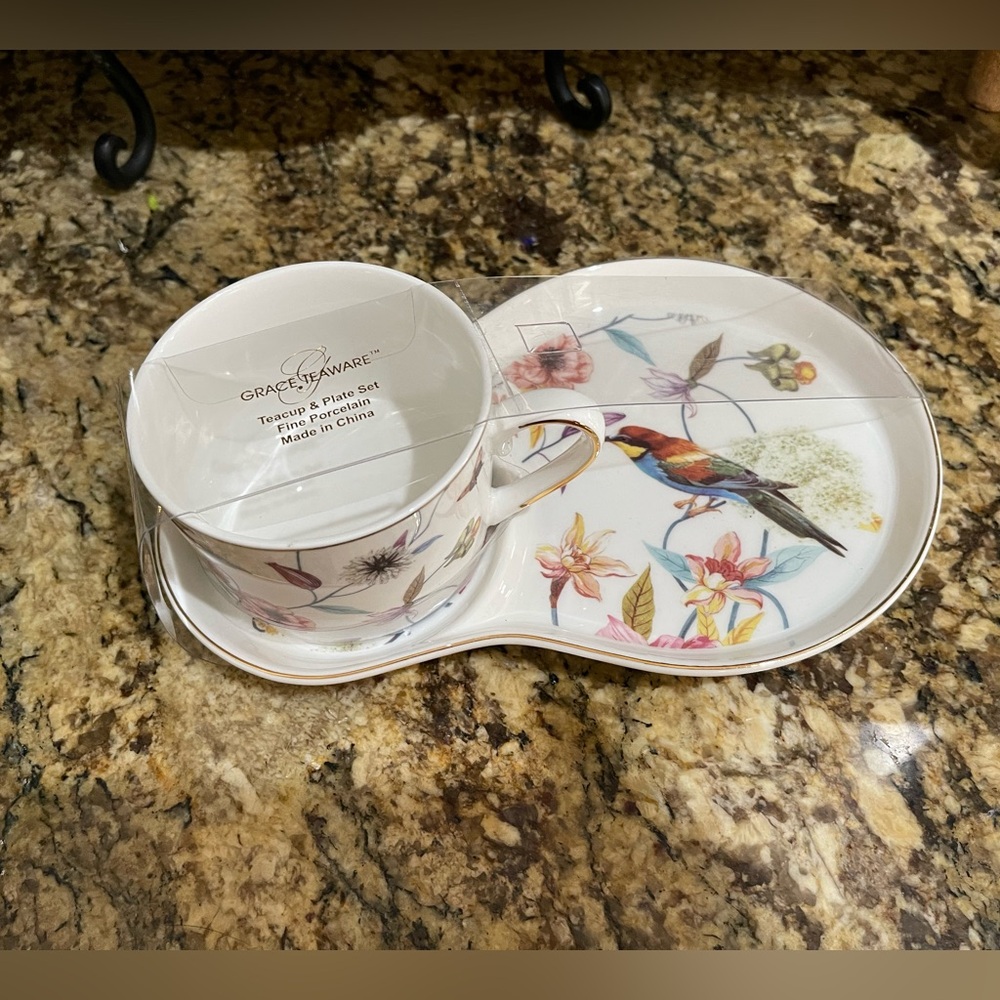 Grace Teaware fine porcelain teacup and snack tray set - floral bird- NEW